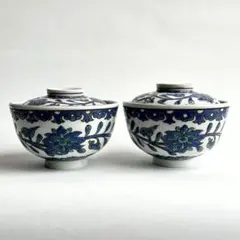 くらわんか 蓋付き茶碗 二客 時代 染付 色絵 金彩 古伊万里 波佐見焼