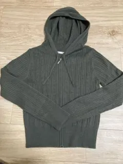 GU リブ編みフード付きニットパーカー S オリーブグリーン