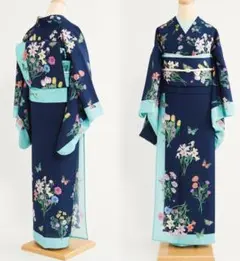 専用マームMarMu夏着物 セオαナイトガーデン付け下げ 紺花柄 蝶 裄69のサムネイル