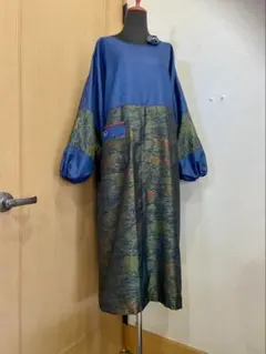 着物　大島紬　横双　反物　　リメイク　ハンドメイド　ワンピース　コサージュ付き