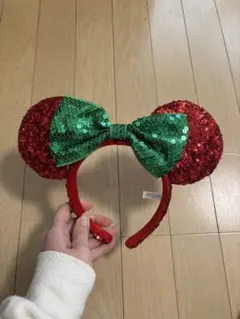 ミッキー ミニー 耳カチューシャ 赤・緑 スパンコール