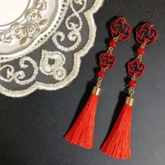No.6118 水引 ピアス タッセル 赤 和装 成人式 全長約11.5㎝