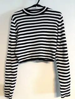 ボーダー ショート丈リブニット フリーサイズ ブラック×ホワイト