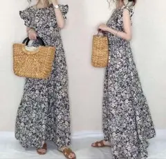 ワンピース 花柄 レディース マキシ丈 ネイビー×白ロング フリル袖