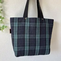 ✢︎ リネン　ブラックウォッチ柄　トートバッグ ハンドメイド✢︎