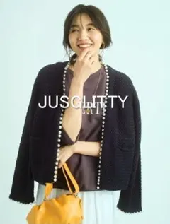 美品サイズ2　JUSGLITTY　配色ニットジャケットアンサンブル　カーディガン 新品タグ付き】JUSGLITTY 2024SS 刺繍配色アンサンブル2点セット