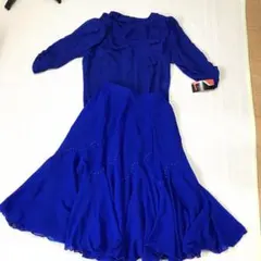 社交ダンス　青のフリル付きボディスーツとフレアスカートセット