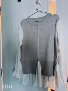 レイヤードデザイン長袖トップス グレー×ホワイト