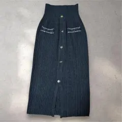 リブニットタイトスカート フロントボタン ブラック ロング丈 美シルエット