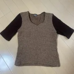 ブラウン チェック柄 Vネック 半袖ニット