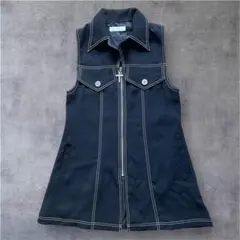 【秋冬コーデ◎】ステッチ ロングジレ風 ノースリーブワンピース 黒 モード 古着