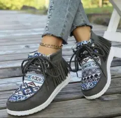 値下げ中　ネイティブ模様　フリンジ付き　チェルシーアンクルブーツ