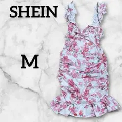 ✨SHEIN✨花柄ミニワンピ【M】肩フリル 美シルエット ガーリー系 可愛い