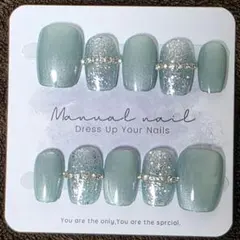 【Mサイズのみ】ハンドメイドネイルチップ ミントグリーン シルバー再販無し