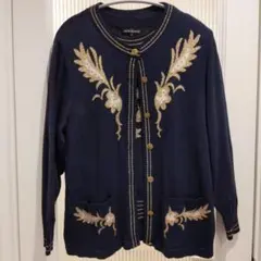 紺　アンサンブル　ゴールド編み込み柄　ラピーヌ　セーター＆カーディガン