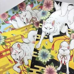 【3枚セット】手描きイラスト　アナログイラスト　『九尾狐イラスト』