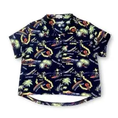 【美品】ロイアル ×イオラニ⭐️アロハシャツ 半袖 M 総柄　紺のサムネイル