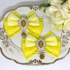 リボン♡ヘアクリップ♡量産型♡地雷系♡サテン白×黄色1-5
