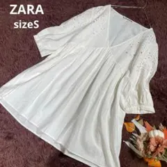 ザラ　エンブロイダリーリネンコットンギャザーブラウス　チュニック(S)インド製