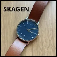 SKAGENスカーゲンメンズ 腕時計ネイビー文字盤 ブラウンレザーベルト電池切れのサムネイル