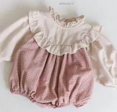 BEBEHOLIC ロンパース ピンク ベージュ チェック フリル M