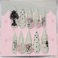 ネイルチップ ブルー クロム ドット ウィッシュコア バレエコア 薔薇