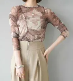 シアー プルオーバー シャツ トップス デザイン フリーサイズ ベージュ