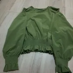 ZARA オリーブグリーン フリルトップススモッキング M