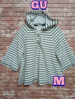 【GU】ボーダー フード付き 7分袖プルオーバー オフホワイト M