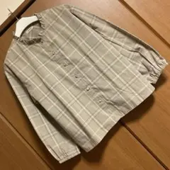 ベージュ系チェック 長袖ブラウス　スタンドカラー