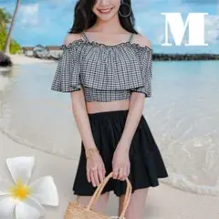 М 水着黒チェック体フリルオフショルダー タンキニ スカート キンガム