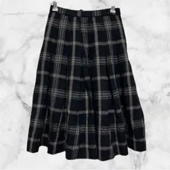 【レリアン】　ひざ丈プリーツスカート　チェック柄　ブラック　ブラウン　毛100%