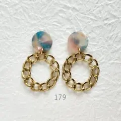 ハンドメイド179　ピアス　春　桜　ピンク　マーブル　チェーンリング　ゴールド