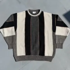 90s VINTAGE イタリア製 ヘリンボーン 総柄ニット ストライプニット