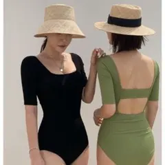 XL バックオープン 半袖 ワンピース水着 ブラックのサムネイル