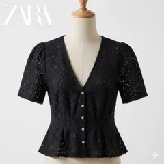 ZARA ザラ レース 半袖 ブラウス L ブラック ビジュー ペプラム