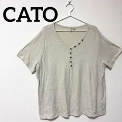 リネン混紡のベージュVネックTシャツ ボタン付きデザイン