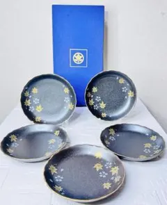 金彩【新品】たち吉 波型皿 5枚セット 葉模様 黒地 和食器 専用箱付 希少