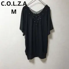 【C.O.L.Z.A】コルザ　ブラック レース装飾 半袖チュニック ゆったり M