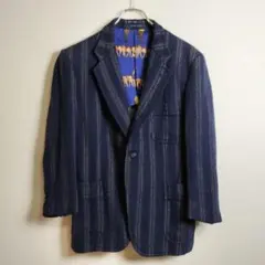 テーラードジャケット ストライプ 裏地総柄 ウール S-M相当 紺