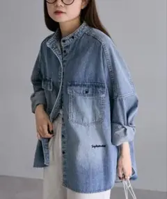 新品 ヴィンテージライクデニムバンドカラーシャツ ブルー系 y