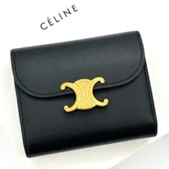 極美品✨ セリーヌ 三つ折り財布 ブラック トリオンフ ゴールド金具 レザー 極美✨付属完備✨セリーヌ 三つ折り財布 トリオンフ レザー ブラック