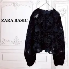 ZARA『ザラ』カットソー 花柄 レース【M】ブラック 黒 ジャカード ベロア風