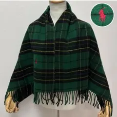 良品 ラルフローレン 大判 ストール 膝掛け タータンチェック 馬 ウール 深緑