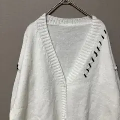 【美品】オーバーサイズステッチカーディガン(F) ホワイト&ブラック　Ｖネック