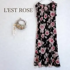 L'EST ROSE ワンピース　花柄　黒　ピンク　フリル　シフォン　上品