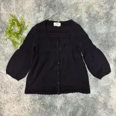 組曲 2 カーディガン ニット シャーリング ボーダー 紫 通勤 上品 ウール混