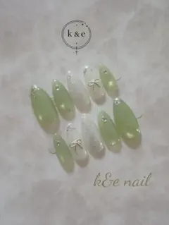 ネイルチップ 量産型 マグネット 緑 推し活 リボン【サイズ変更◎】092