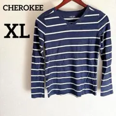 CHEROKEE【XL】ネイビーとホワイトのストライプ Tシャツ 長袖 Ｖネック