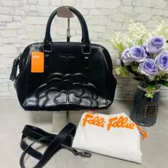 新品タグ付　フォリフォリ　 2way ショルダーバッグ 黒 レザー 型押　花柄のサムネイル